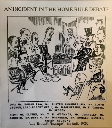 This cartoon, published in Reynolds’s Newspaper on 4 April 1920, includes five of the seven Irish party MPs who survived the 1918 General Election. The missing MPs are Thomas Harbison (Tyrone North-east) and Edward Kelly (Donegal East). The cartoon captures a moment in the debate in the House of Commons on the Government of Ireland Bill, referred to here simply as ‘Home Rule’. Reynolds’s Newspaper, later Reynolds News, was a British Sunday weekly published between 1850 and 1967.