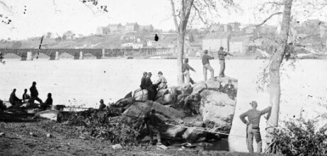 Union Soldiers look across the Potomac River to Georgetown, with the University on the hill, 1861. [Original: Library of Congress http://hdl.loc.gov/loc.pnp/cwpb.00928] 