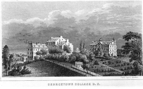 Woodcut view of Georgetown University c.1850, with the former Mulledy Hall (now renamed Isaac Hall for Isaac Hawkins, the first slave on the sale manifest) on the left. [Original: Library of Congress: http://hdl.loc.gov/loc.pnp/cph.3c07171 ]