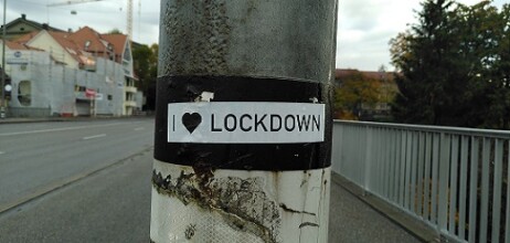 “Sticker I love lockdown”: Hadi, CC BY-SA 4.0 <https://creativecommons.org/licenses/by-sa/4.0>, via Wikimedia Commons, File URL: https://upload.wikimedia.org/wikipedia/commons/5/5c/Sticker_I_love_lockdown.jpg 
