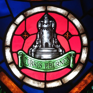 “Saint Nicholas Catholic Church (Zanesville, Ohio)”: File URL: Wikipedia Commons https://commons.wikimedia.org/wiki/File:Saint_Nicholas_Catholic_Church_(Zanesville,_Ohio)_-_stained_glass,_rose_window_medallion,_Ivory_Tower.jpg