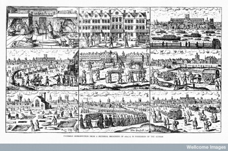 Nine images of the Great Plague of London in 1665<br />
Credit: Wellcome Library, London <br />
Woodcut 1924  <br />
From: The Great Plague of London <br />
By: Bell, Walter George <br />
Published: John Lane, London  1924  <br />
Collection: General Collections  