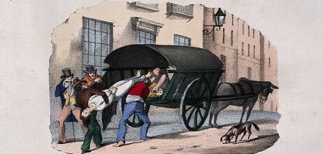 A corpse is lifted from the back of a wagon during the 1832 cholera epidemic. Wellcome Collection, Public Domain Mark.