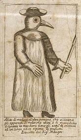 A physician dressed in protective plague costume. Line engraving after J.J. Manget. Source: Wellcome Collection. Public Domain mark.
